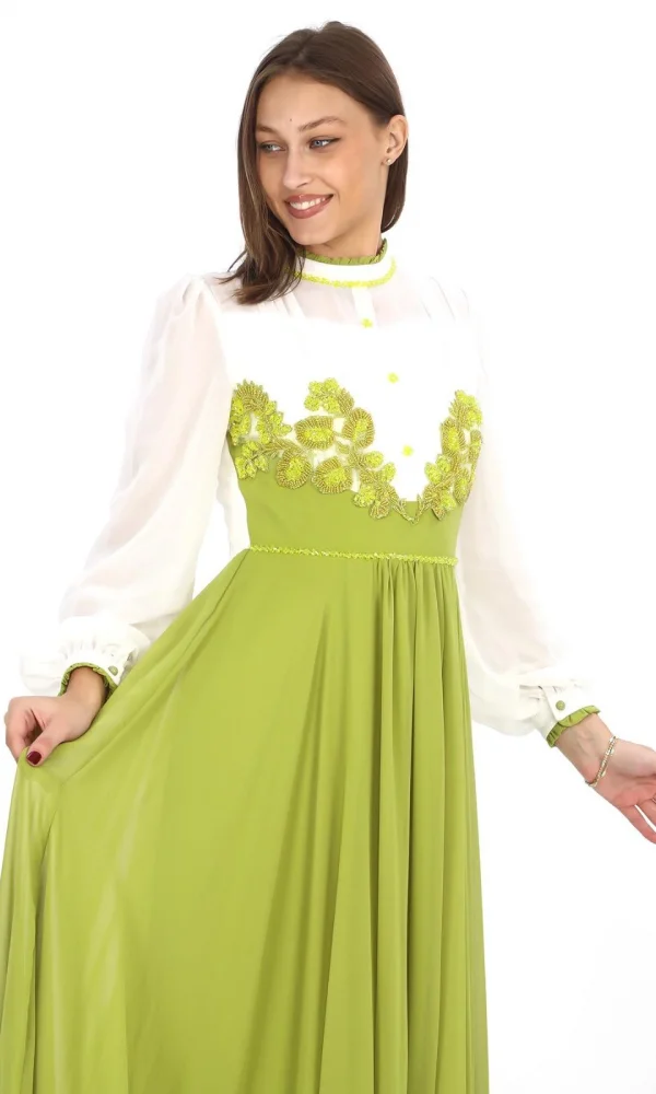 Göğüs Dantel İşlemeli Abiye Elbise 2702-Fıstık Yeşili