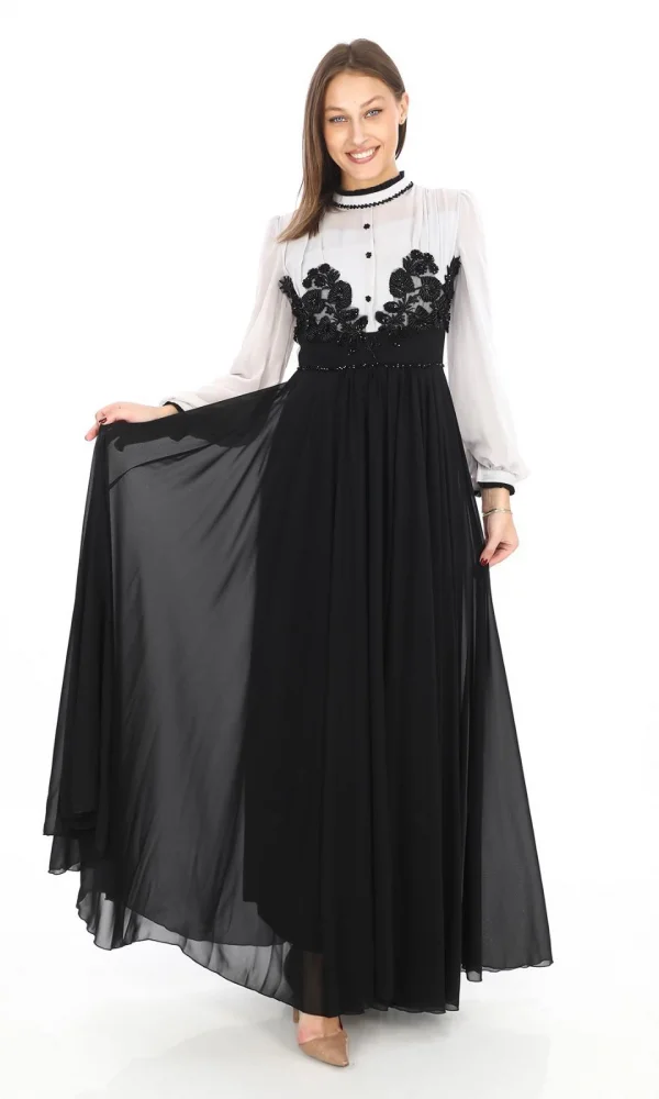 Göğüs Dantel İşlemeli Abiye Elbise 2702-Gri