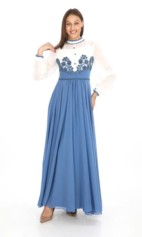 Göğüs Dantel İşlemeli Abiye Elbise 2702-İndigo