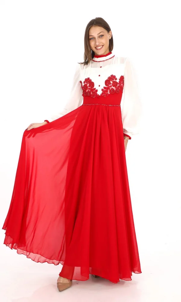 Göğüs Dantel İşlemeli Abiye Elbise 2702-Kırmızı