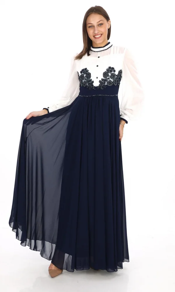 Göğüs Dantel İşlemeli Abiye Elbise 2702-Lacivert
