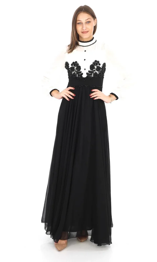 Göğüs Dantel İşlemeli Abiye Elbise 2702-Siyah