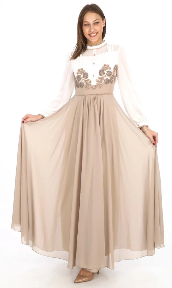 Göğüs Dantel İşlemeli Abiye Elbise 2702-Vizon