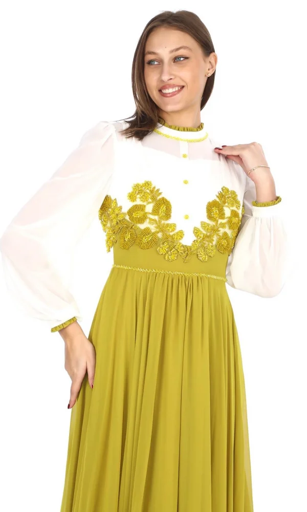 Göğüs Dantel İşlemeli Abiye Elbise 2702-Yağ Yeşili