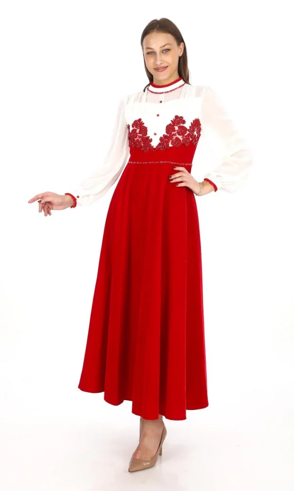 Göğüs Dantel İşlemeli Kadife Abiye 2743-Kırmızı