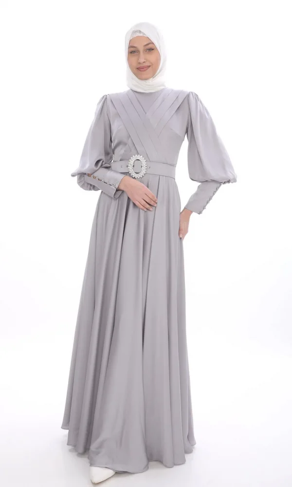 Göğüs Detaylı Saten Elbise 696-Gri