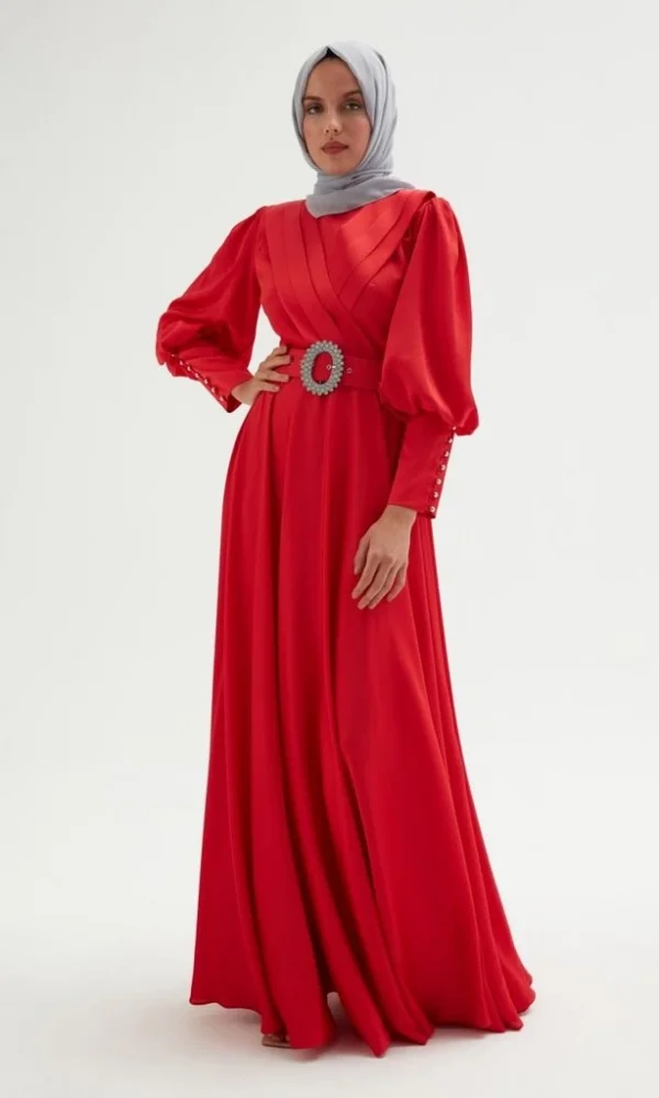 Göğüs Detaylı Saten Elbise 696-Kırmızı