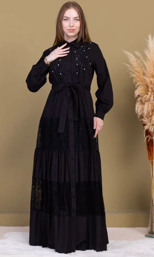 Göğüs İşleme Detaylı Pamuklu Elbise 2703-Siyah