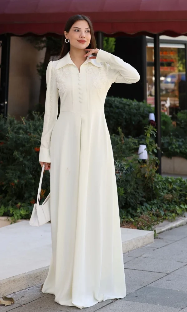 Gömlek Yaka Dantel İşleme ve Kaplamalı Kemerli Abiye Elbise 2764-Ekru
