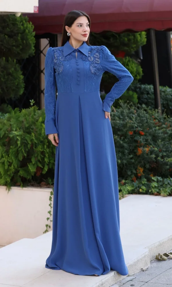 Gömlek Yaka Dantel İşleme ve Kaplamalı Kemerli Abiye Elbise 2764-İndigo