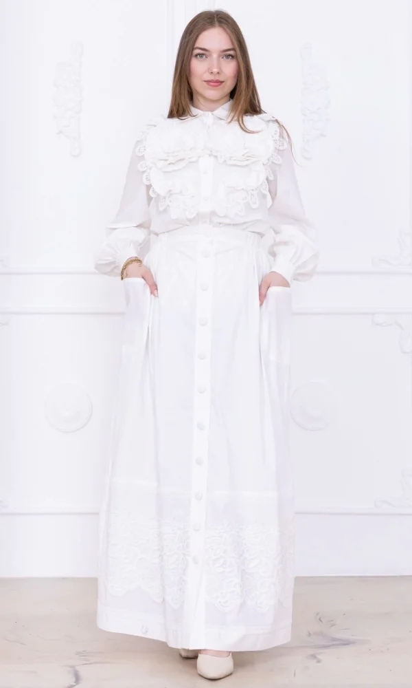 Güllü Tasarım ve Dantel Detaylı Pamuk İkili Takım 4710-Beyaz