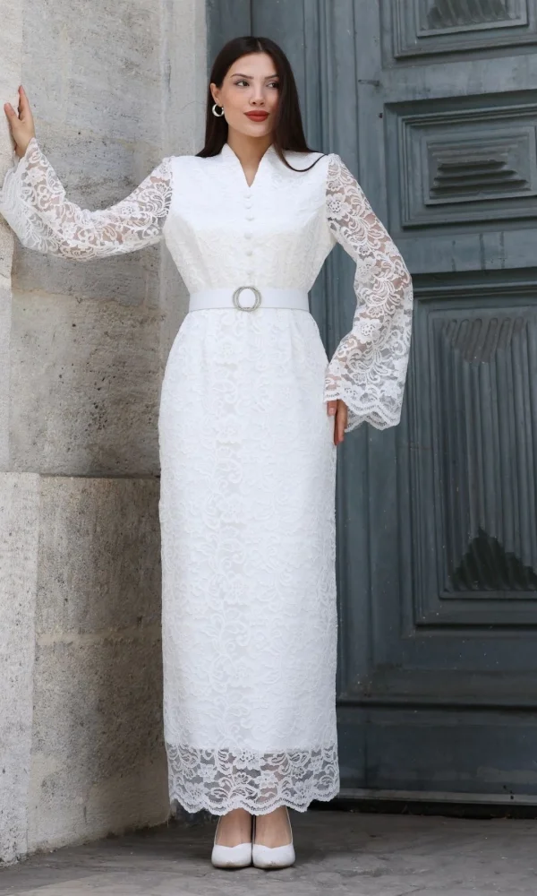 Hakim Yaka Kemerli Dantel Maxi Abiye Elbise 6032-Beyaz