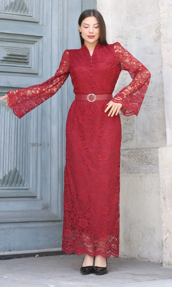 Hakim Yaka Kemerli Dantel Maxi Abiye Elbise 6032-Bordo