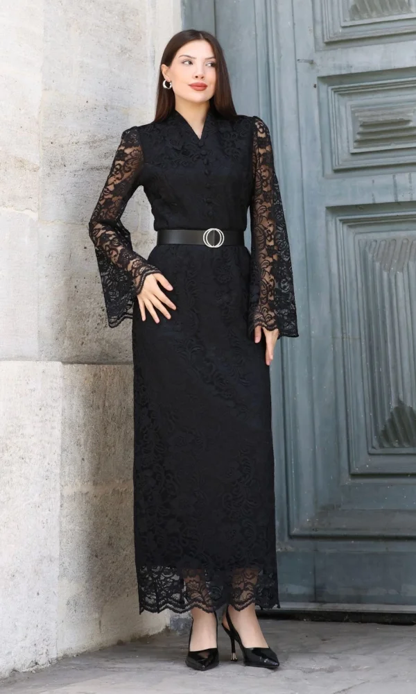 Hakim Yaka Kemerli Dantel Maxi Abiye Elbise 6032-Siyah