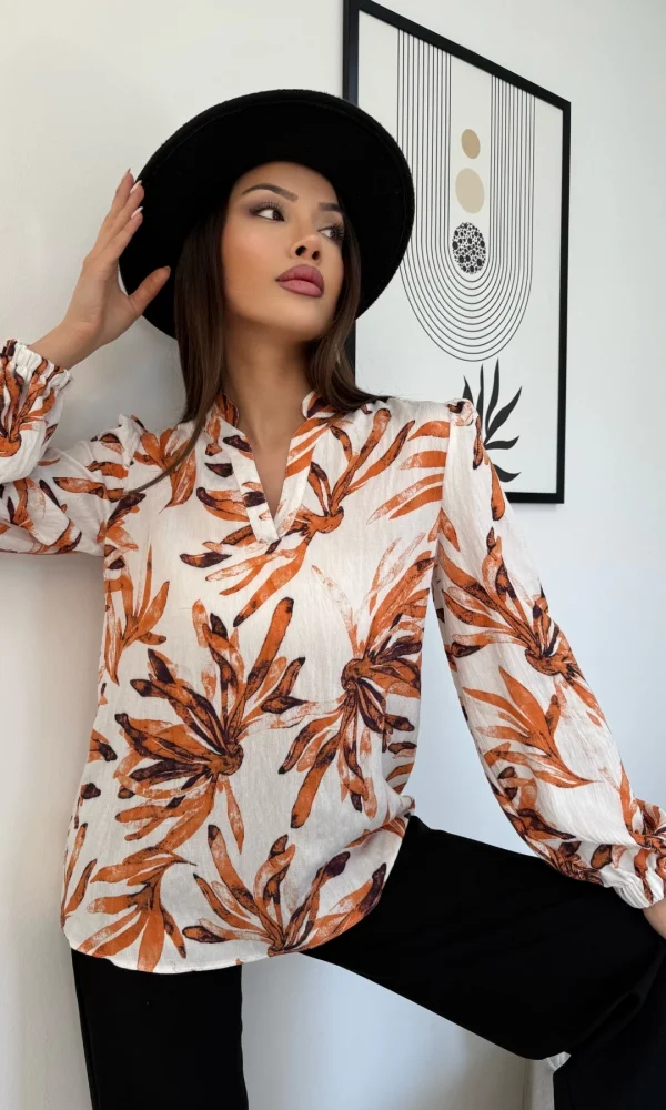 Hakim Yaka Viskon Bluz 6008-Beyaz/Turuncu