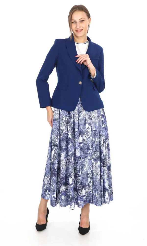 İç Bluzlu Blazer Ceketli Etekli Üçlü Takım 4711-Saks