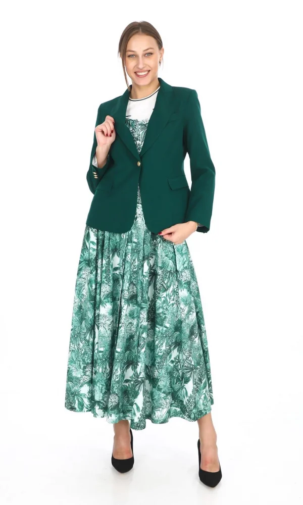 İç Bluzlu Blazer Ceketli Etekli Üçlü Takım 4711-Zümrüt Yeşili