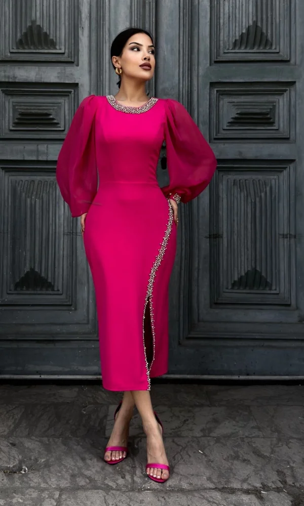 İnci Süsleme Detaylı Yırtmaçlı Abiye Elbise 2223-Fuşya