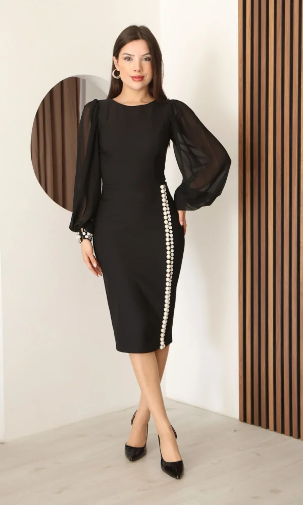 İnci ve Taş Süslemeli Balon Kol Abiye Elbise 2244-Siyah