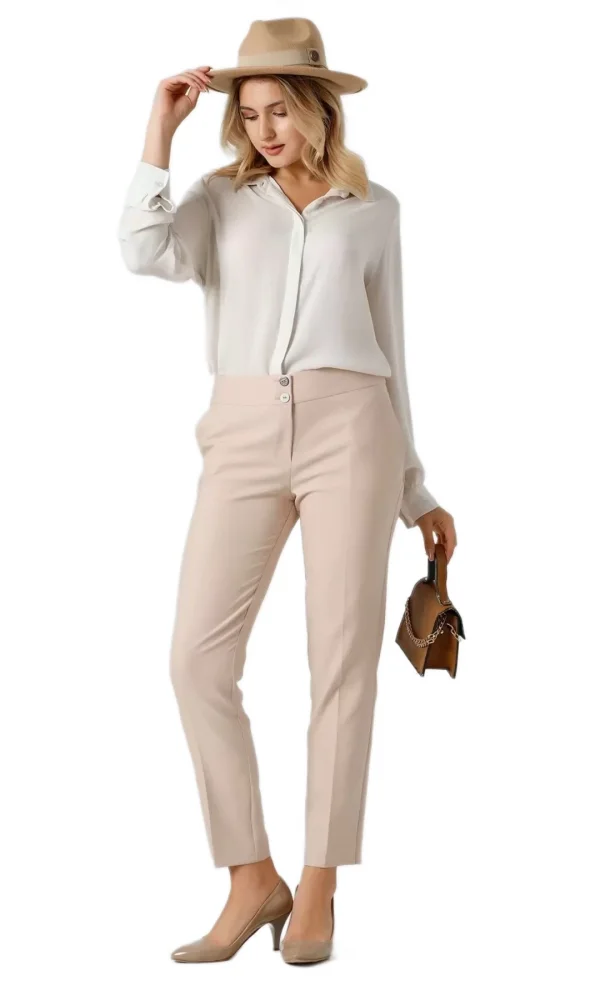 Kadın Kumaş Pantolon Cep Detaylı Bilek Boy 1712-Bej