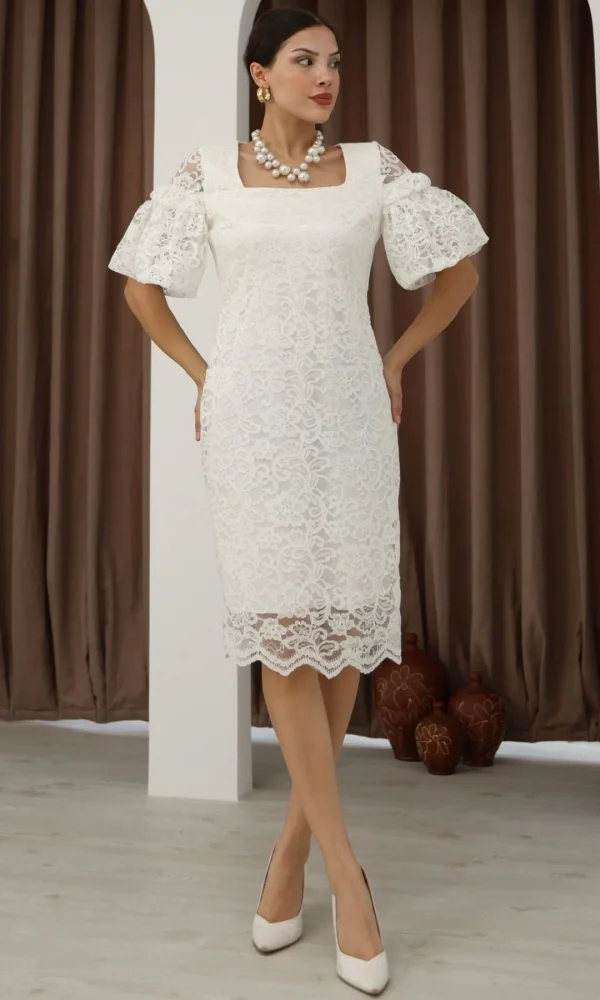Kare Yaka Balon Kollu Dantel Elbise 6039-Beyaz