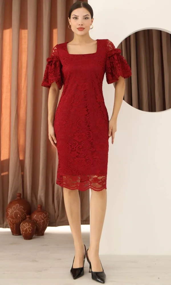 Kare Yaka Balon Kollu Dantel Elbise 6039-Bordo