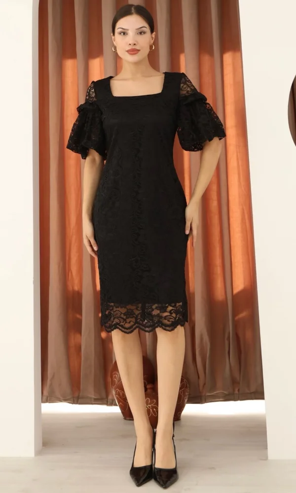 Kare Yaka Balon Kollu Dantel Elbise 6039-Siyah