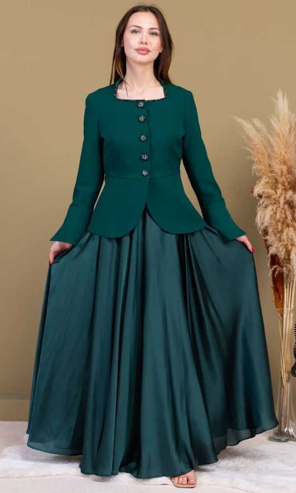 Kare Yaka İşlemeli İkili Takım 4718-Zümrüt Yeşili