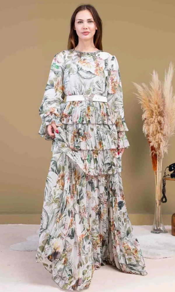 Kat Kat Pliseli Şifon Elbise 2718-Bej