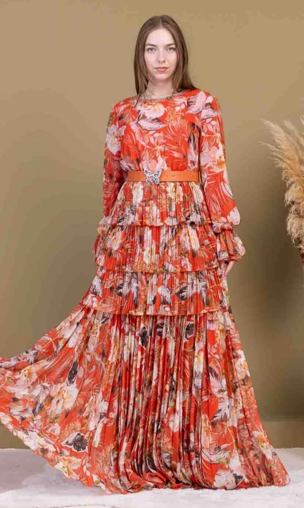 Kat Kat Pliseli Şifon Elbise 2718-Oranj