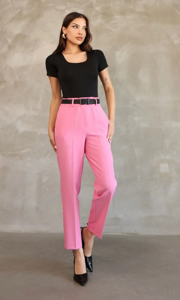 Kemer Detaylı Beli Lastikli Kumaş Pantolon 6163-Pembe
