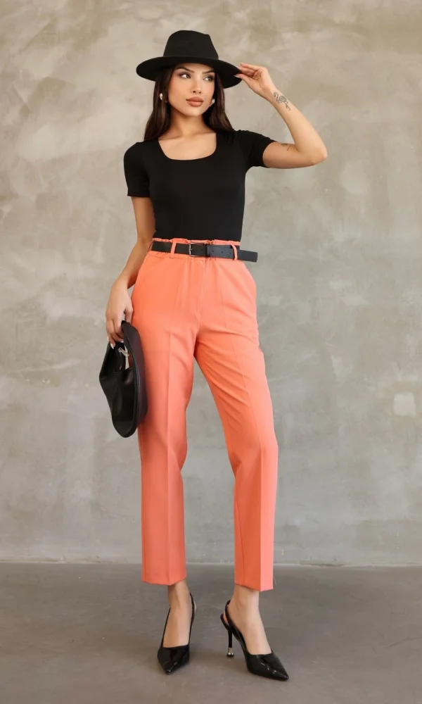 Kemer Detaylı Beli Lastikli Kumaş Pantolon 6163-Oranj