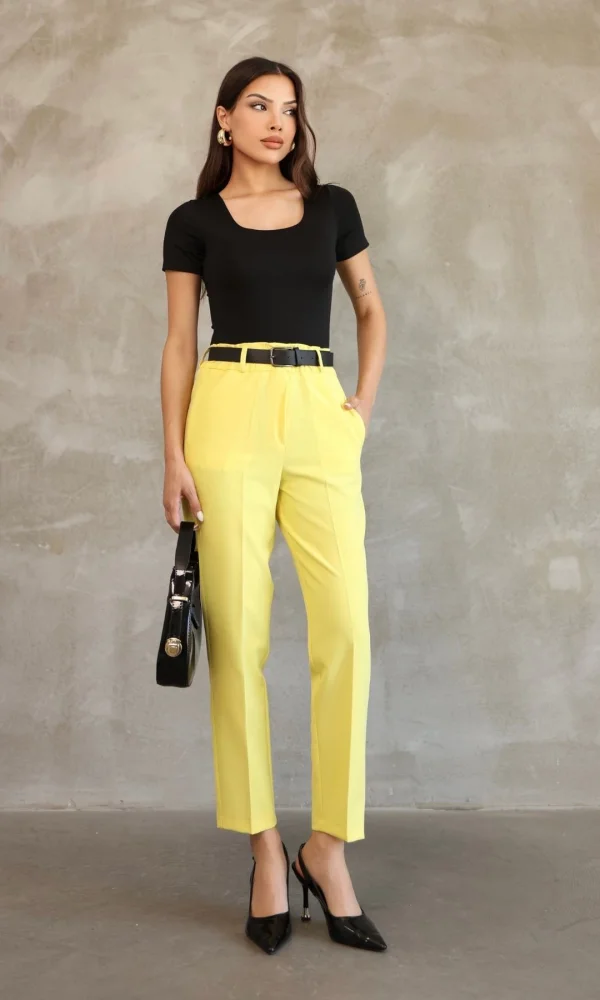 Kemer Detaylı Beli Lastikli Kumaş Pantolon 6163-Sarı