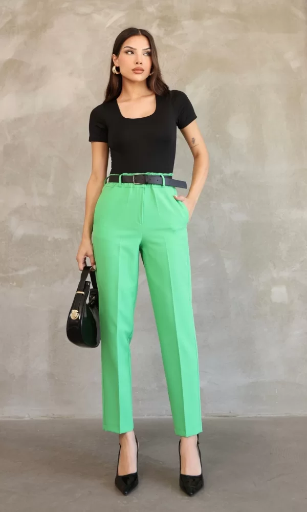 Kemer Detaylı Beli Lastikli Kumaş Pantolon 6163-Yeşil