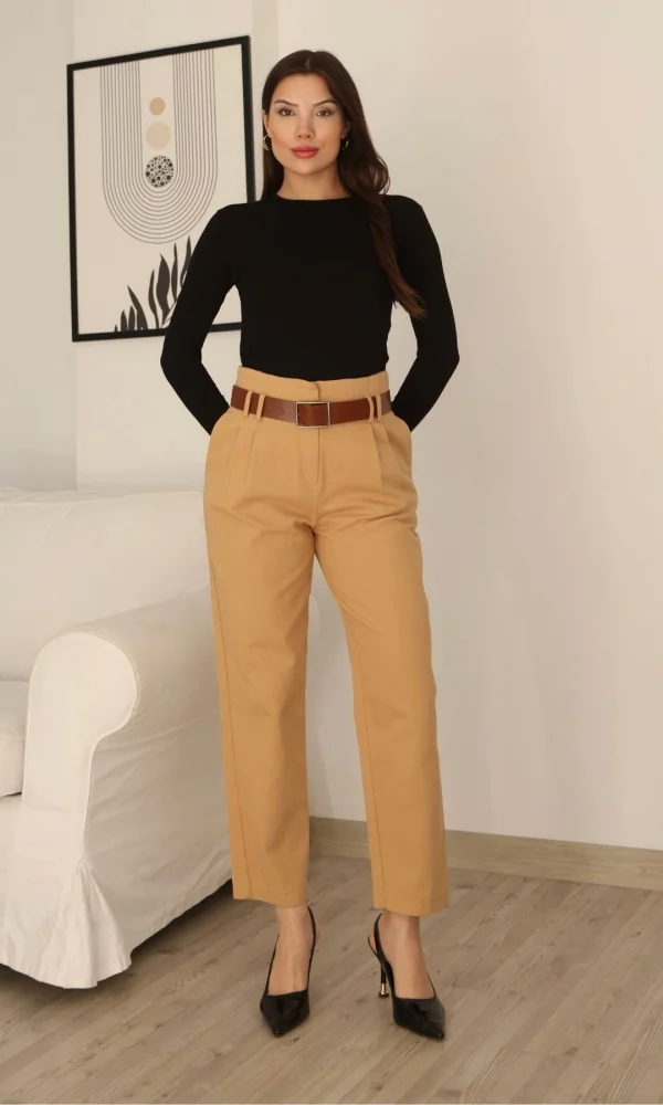 Kemer Detaylı Pileli Gabardin Kumaş Pantolon 5856-Camel