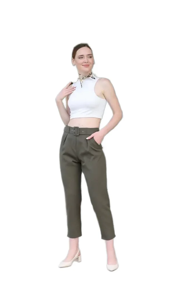 Kemer Ve Pile Detaylı Kumaş Pantolon 1754 Haki