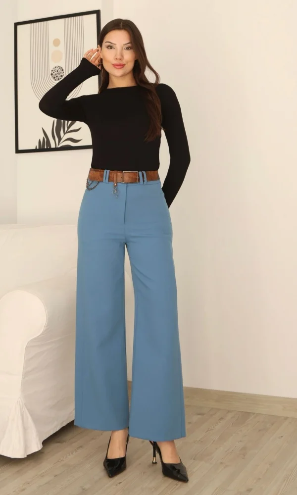 Kemeri Aksesuarlı ve Cep Detaylı Palazzo Pantolon 6115-Mavi