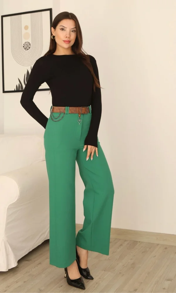 Kemeri Aksesuarlı ve Cep Detaylı Palazzo Pantolon 6115-Yeşil