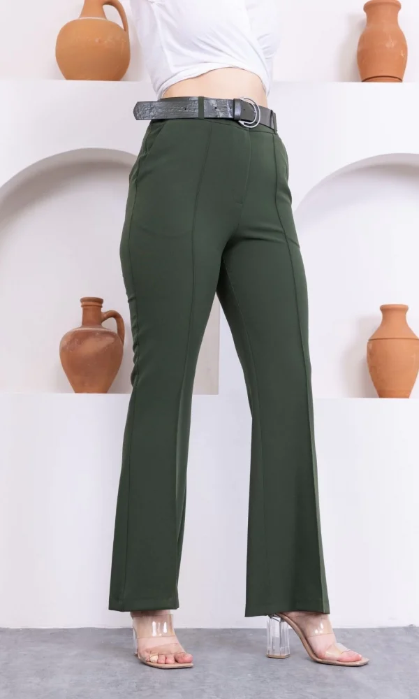 Kemerli İspanyol Paça KadınKumaş Pantolon 314-Haki