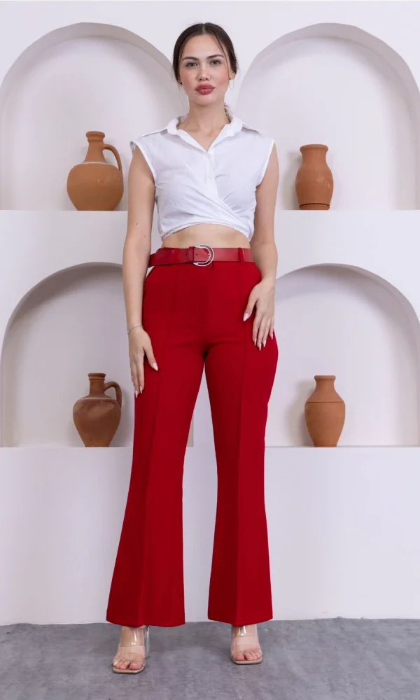 Kemerli İspanyol Paça Kadın Kumaş Pantolon 314-Kırmızı