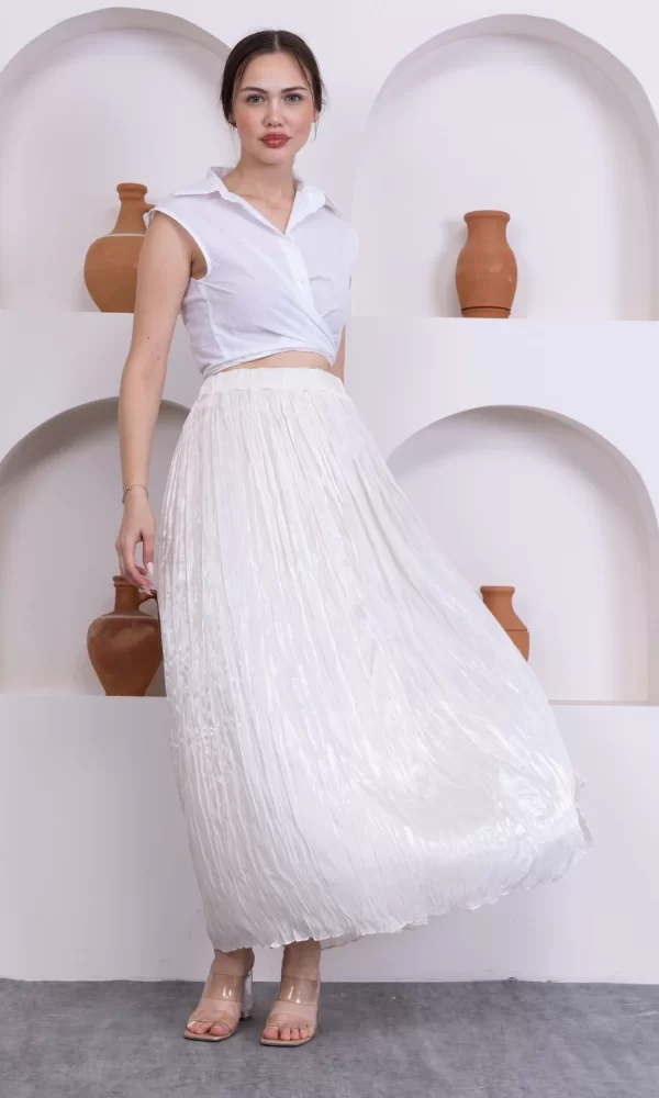 Kırışık Detaylı Etek 6034-Krem