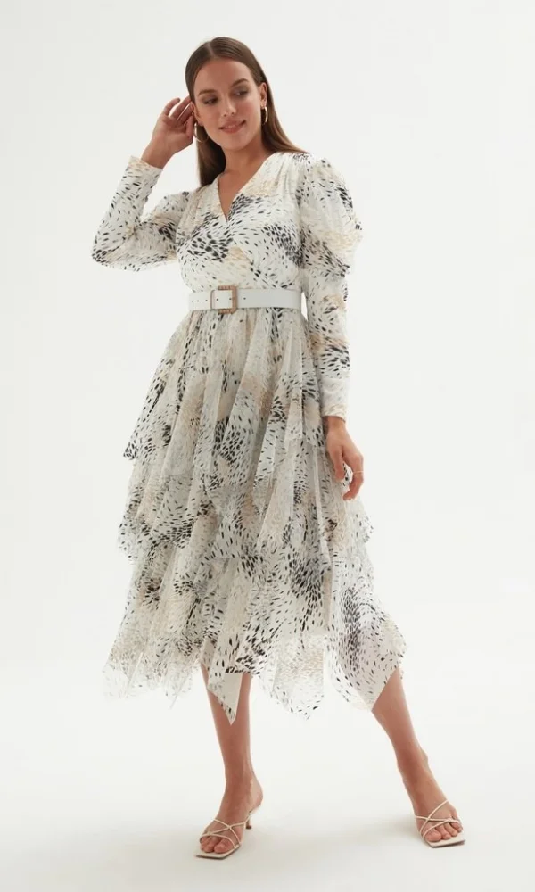 Kruvaze Yaka Baskılı Tül Abiye Elbise 1773-Beyaz