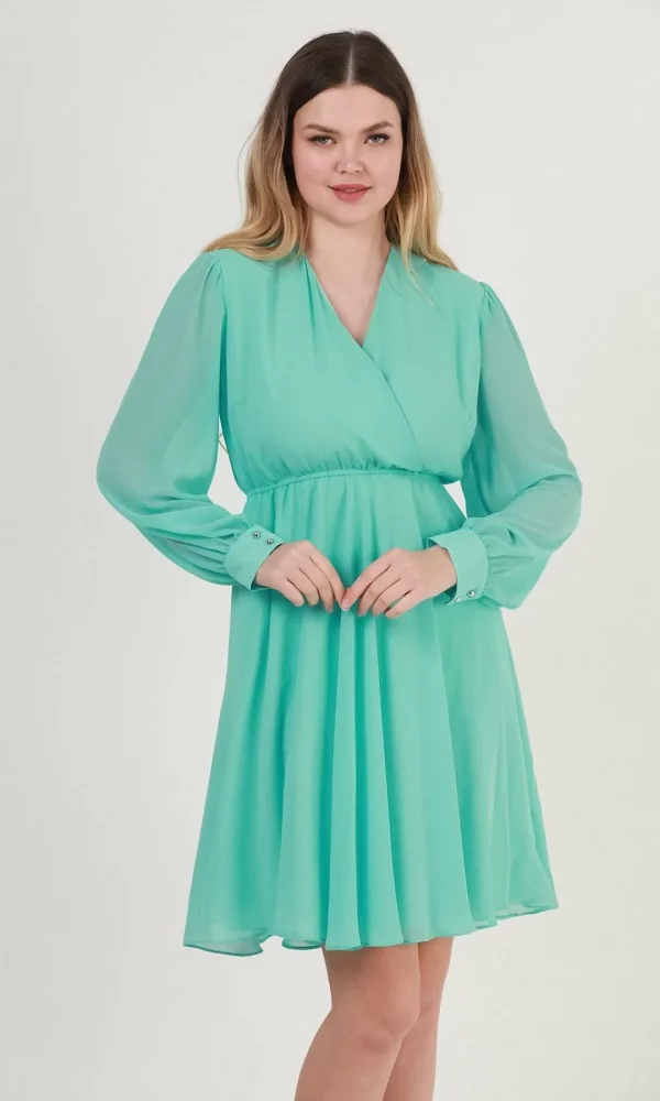 Kruvaze Yaka Bel Lastikli Şifon Elbise 1782-Mint Yeşili