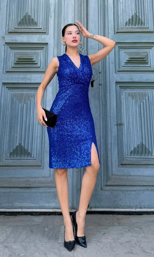 Kruvaze Yaka Payetli Midi Elbise 6031-Gece Mavisi