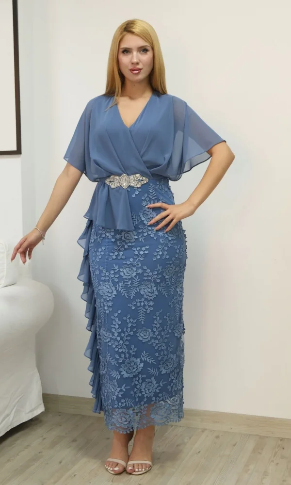 Kruvaze Yaka Şifon Dantel Kombinli Taş ve Fırfırlı Abiye Elbise 6051-İndigo