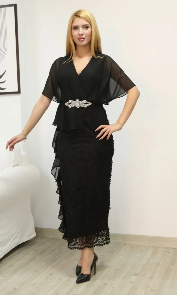 Kruvaze Yaka Şifon Dantel Kombinli Taş ve Fırfırlı Abiye Elbise 6051-Siyah