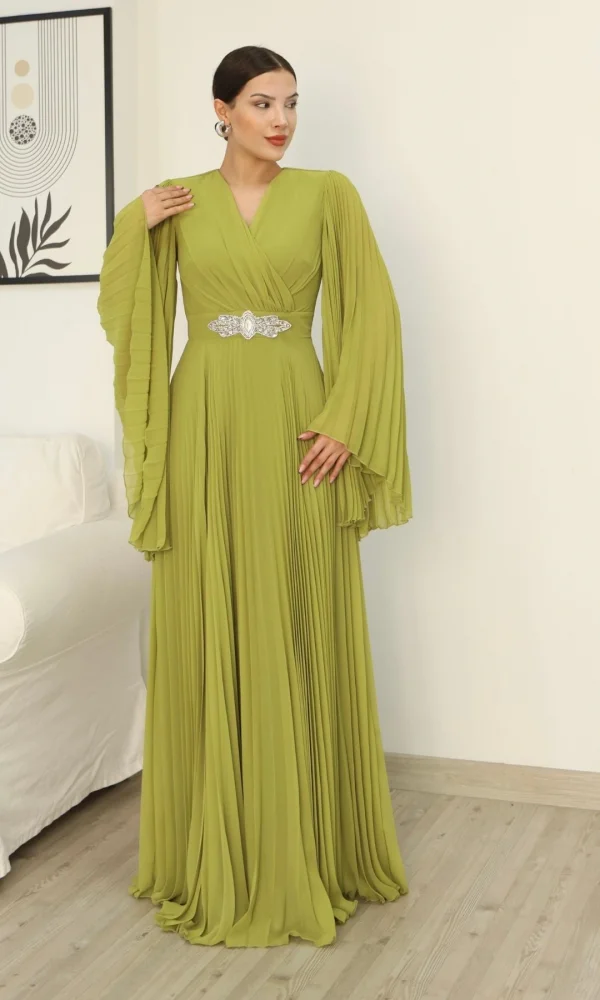 Kruvaze Yaka Yarasa Kol Pliseli Abiye Elbise 2235-Fıstık Yeşili