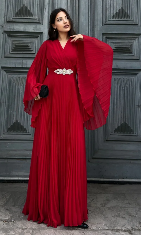 Kruvaze Yaka Yarasa Kol Pliseli Abiye Elbise 2235-Kırmızı