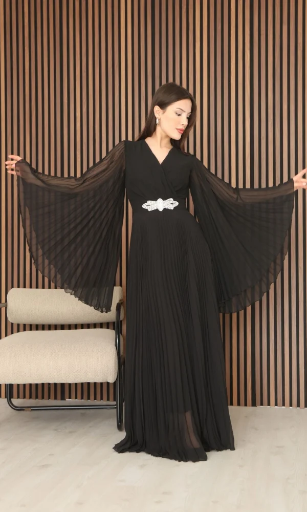 Kruvaze Yaka Yarasa Kol Pliseli Abiye Elbise 2235-Siyah