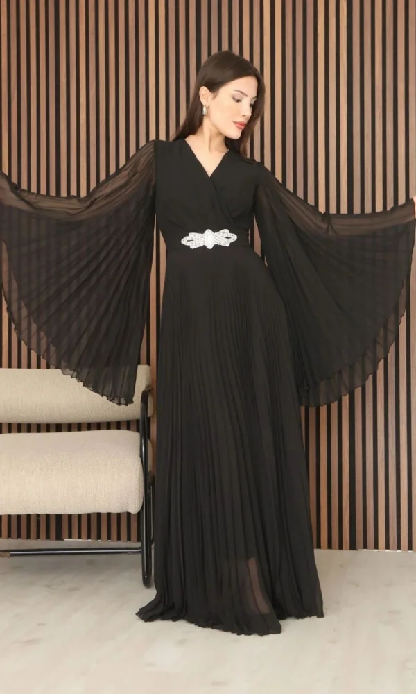 Kruvaze Yaka Yarasa Kol Pliseli Abiye Elbise 2235-Siyah